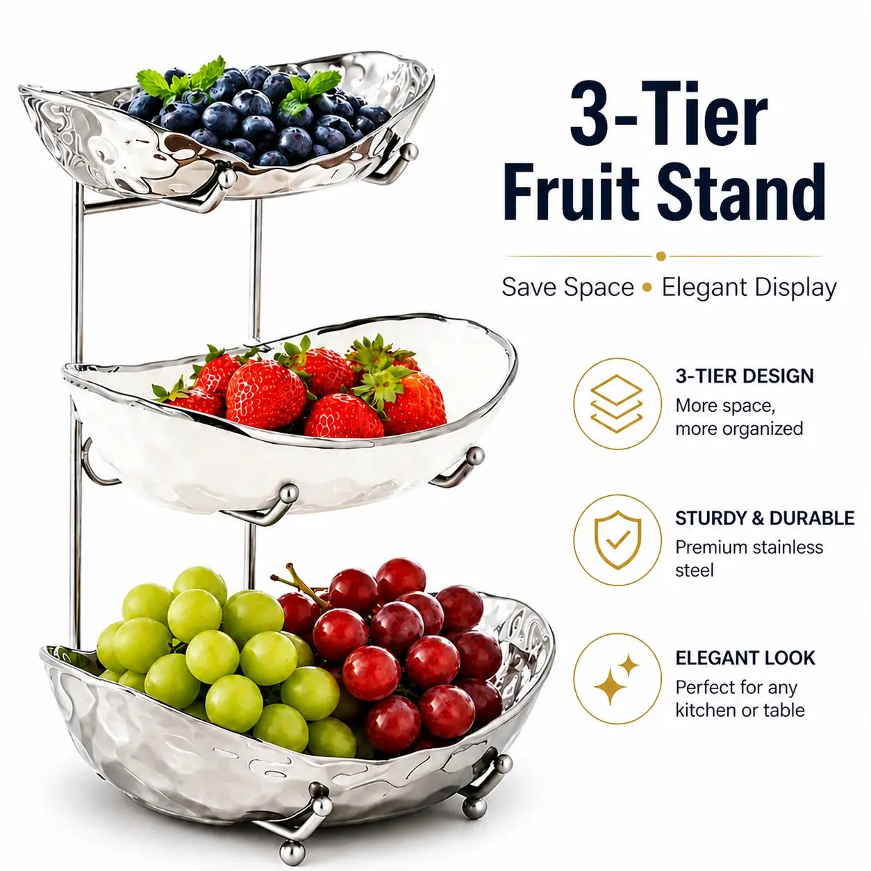 3-Layer Ceramic Fruit Bowl with Metal Frame, Assemblable Display Container, Compact Home Organizer Rack for Kitchen Countertop Fruits & Vegetables