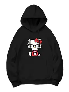 SANRIO Hello Kitty 260g Polyester-Cotton Hoodie with Glasses Design for Women Black Pullover Fashionable & Comfortable Classic Style