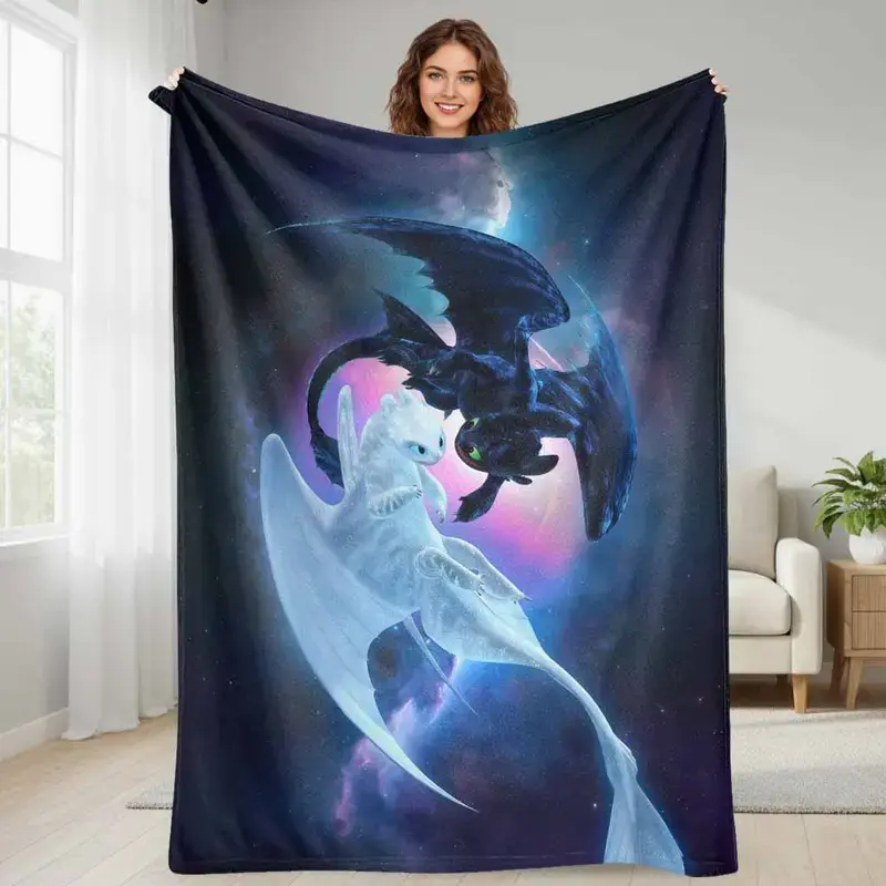 Celestial Dragons Flannel Blanket Toothless & Light Fury Graphic Print UltraSoft Cozy Warm Lightweight and AntiPilling Suitable for Sofa Bed Travel Outdoor Home Decor and Perfect Gift for Dragon Lovers.