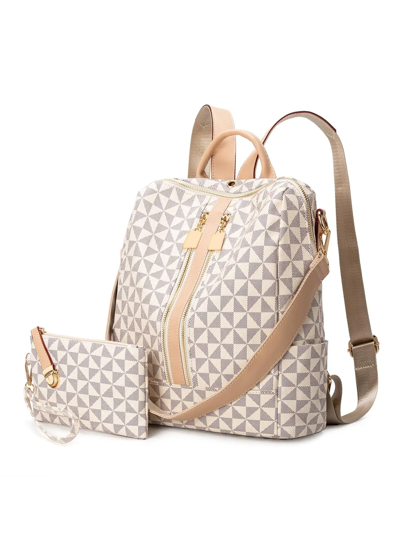 Women's Fashionable Geometric Pattern Backpack & Wristlet Set, Vintage Trendy Casual Large Capacity Travel Zipper Backpack & Wristlet, Multifunctional Bag Set for Daily Use