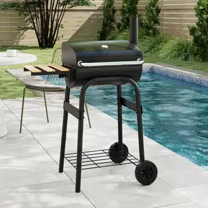 COSTWAY - Barrel Charcoal Grill with Foldable Side Table and Thermostat-Black