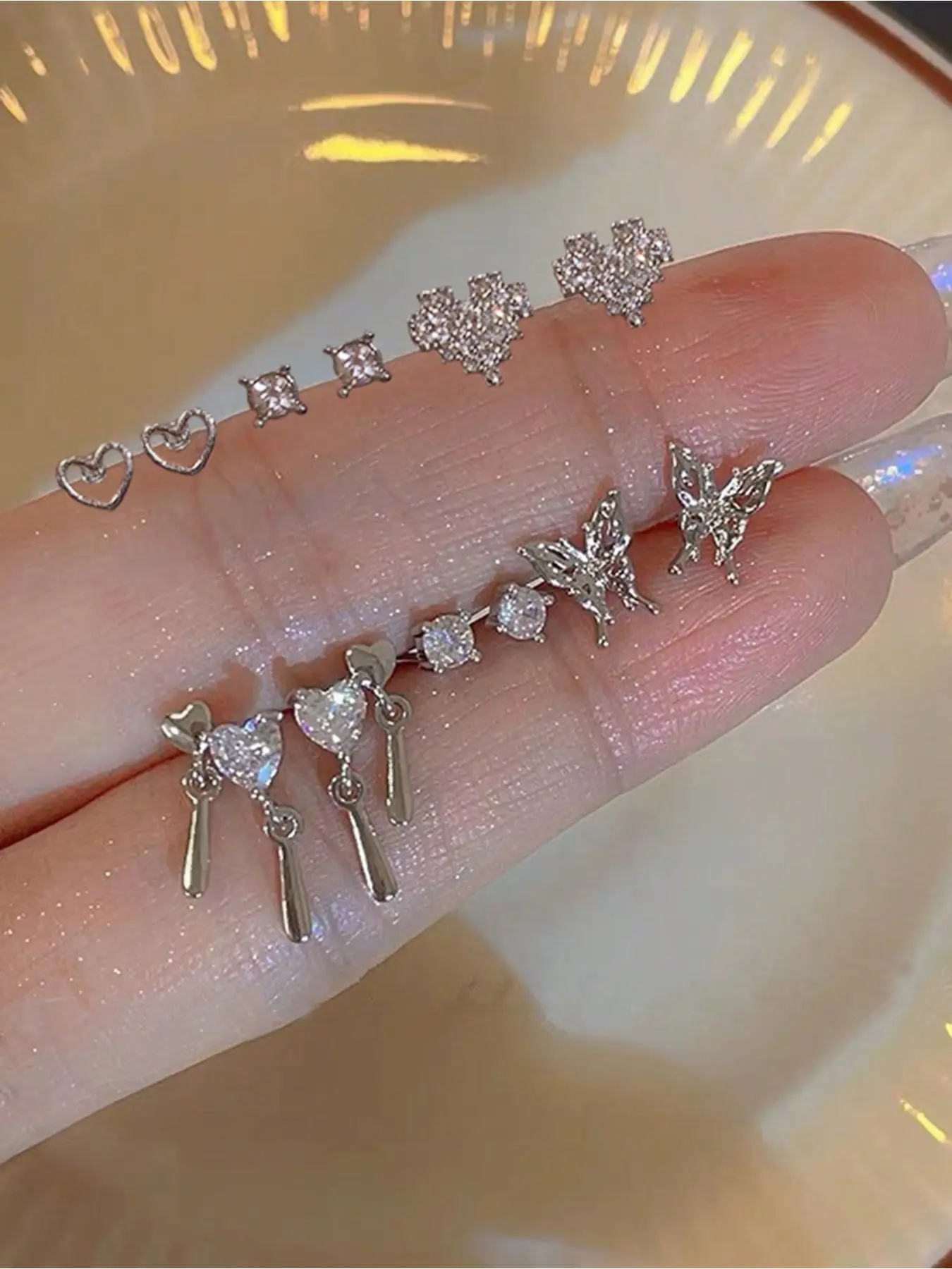 12 Pcs Y2K Fashion Butterfly Heart Bling Earrings Set, Stud Earring Sets, Party Dating Gift, Daily Versatile Jewelry, Cute Accessories for Women