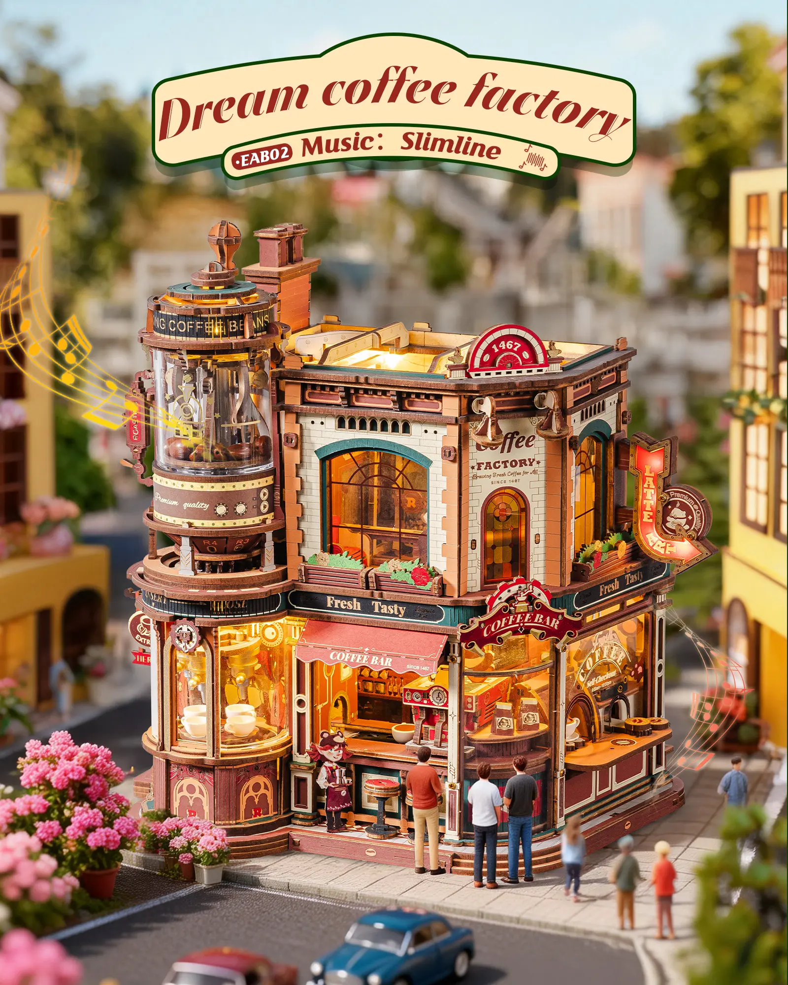 ROKR Dream Coffee Factory 3D Wooden Puzzle Model Building Kit - No Glue DIY Assembly Block Kit, Moving Kinetic Building Set for Adults with Music Box & LED Lights, Diy Assembly Kit