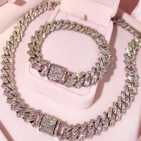 Hip-hop Heavy Industry Cuba Chain Cuban Link Chain Necklace Set Gift Box Exquisite Personality Neutral Trendy Jewelry, Boyfriend and Girlfriend Sparkling Rhinestones Chains Iced Out Jewelry