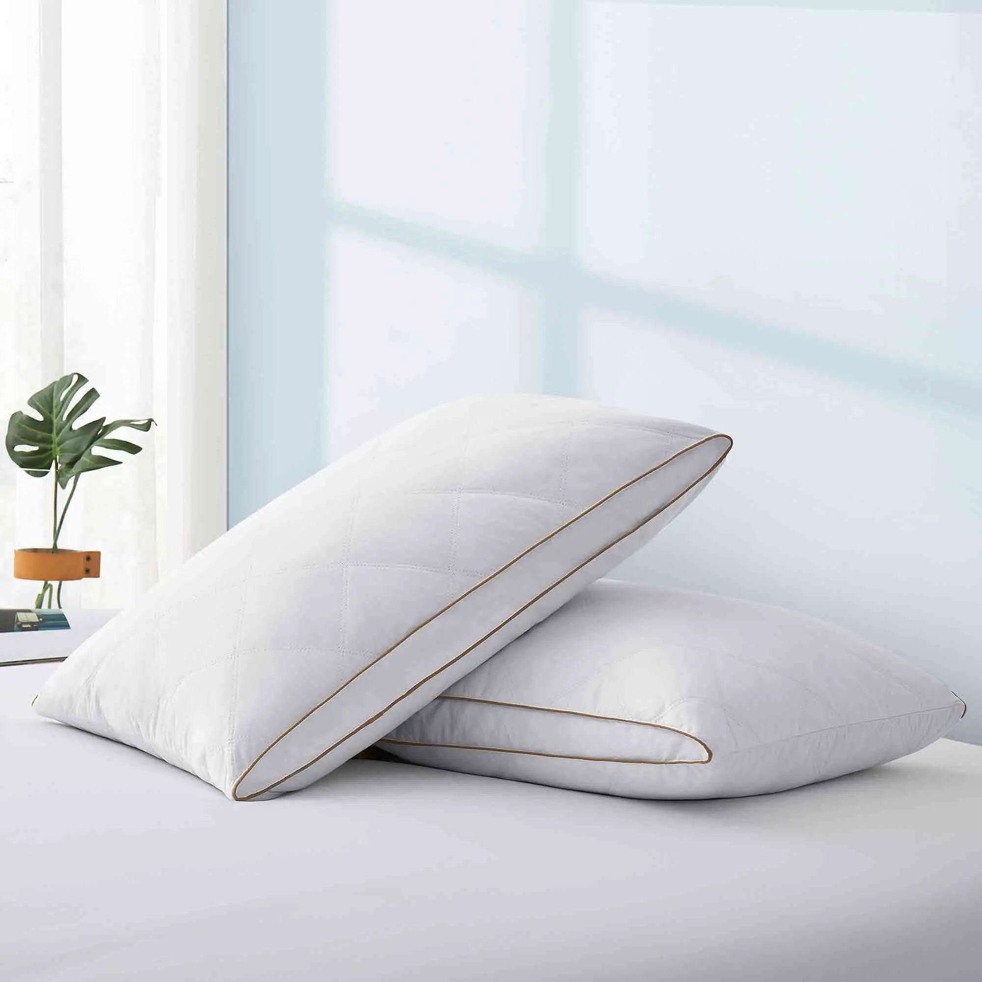 PEACE NEST 2-Pack Cotton Cover Gusset Pillows - 5% Grey Goose Down Feather Fill, Queen-King Size, Machine Washable Soft Headrest for Side Sleepers, Two Packs