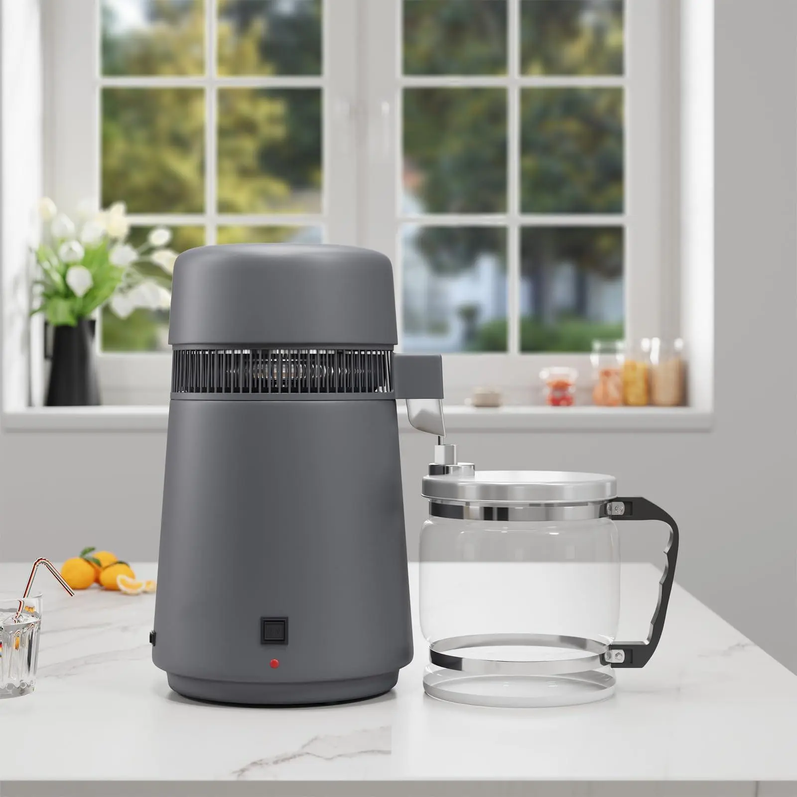 Garvee 750W Stainless Steel Water Distiller for Home Countertop - 4L/1-Gallon Capacity - Purifies Drinking Water - Includes Glass & Plastic Jugs - Gray