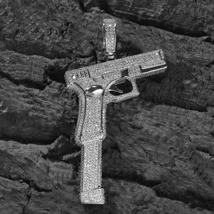 Real Gold Thick Plated Copper 5A Zircon Punk Retro Pistol Shape Glock 17 Ice Out Pendant Necklace Hip Hop Rap Street Style for Men Women Daily Party Gift