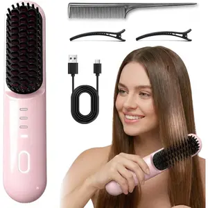 Cordless Straightening Brush for Short Hair, 2026 Upgraded Go Brush Pro Beauty Products, 30s Fast Heat, 3 Temperature Settings, Ionic Ceramic Care, 2500mAh USB-C Rechargeable Battery-Powered Hair Styling Tool for Frizz-Free Styling (Pink),summervibes