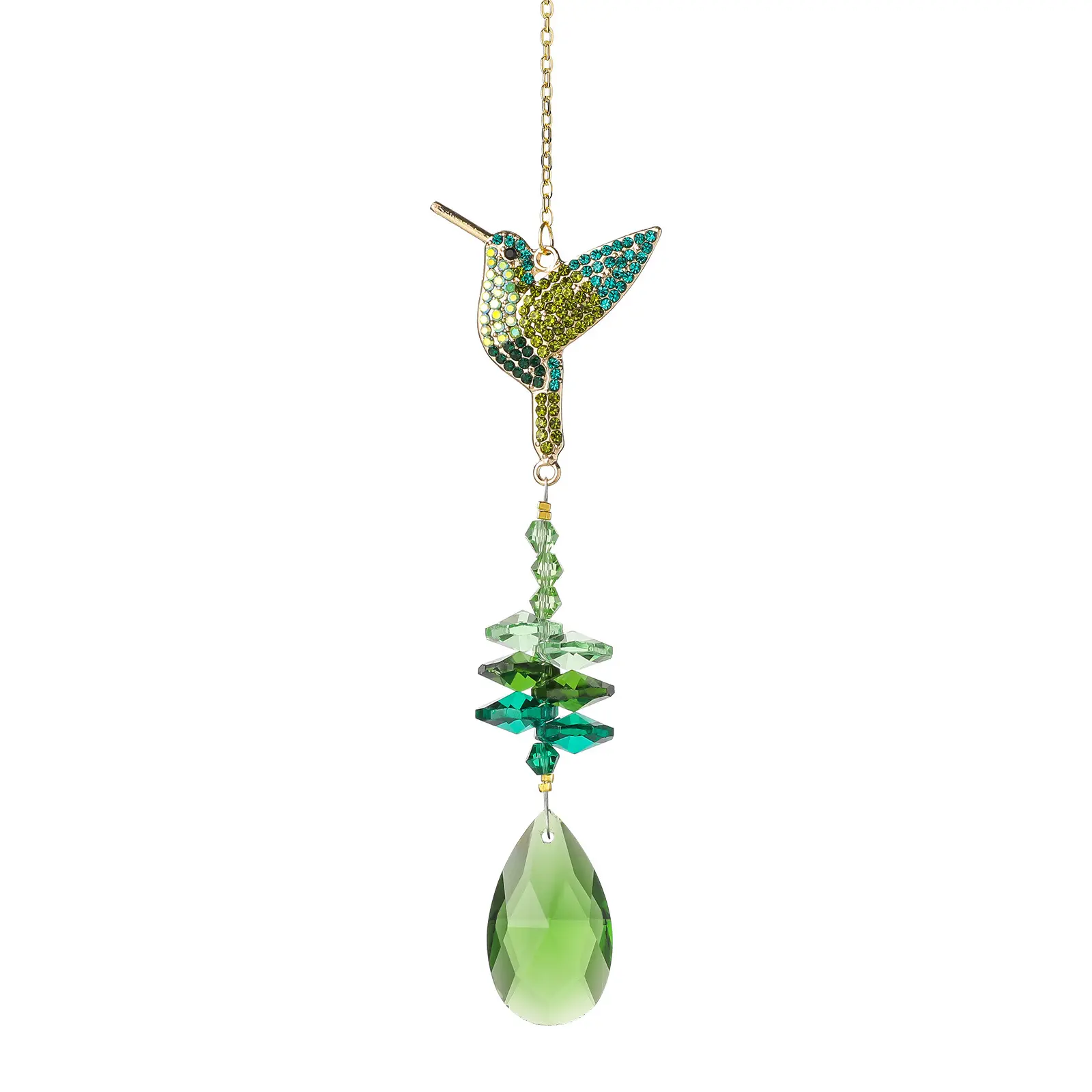 Whimsical Decorative Crystal Hummingbird Suncatcher - Green Pendant with Teardrop Bead Prism Rainbow Maker, Window Hanger, Car Rearview Mirror Charm, Birthday Gift for Garden Decor
