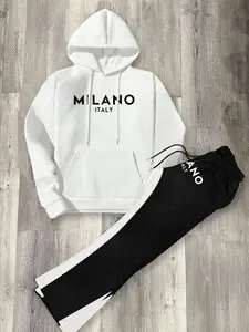 Men's Letter Print Hoodie & Pants Set, Casual Street Long Sleeve Hooded Sweatshirt & Pants, Men Two-piece Outfits for Fall & Winter