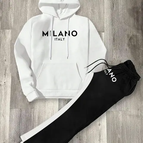 Men's Letter Print Hoodie & Pants Set, Casual Street Long Sleeve Hooded Sweatshirt & Pants, Men Two-piece Athleisure Outfits for Fall & Winter