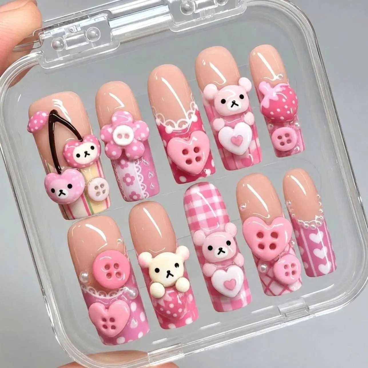 Pink Bear Cherry Press On Nails 3D Teddy Heart Gingham Handmade Coquette Kawaii Nail Art