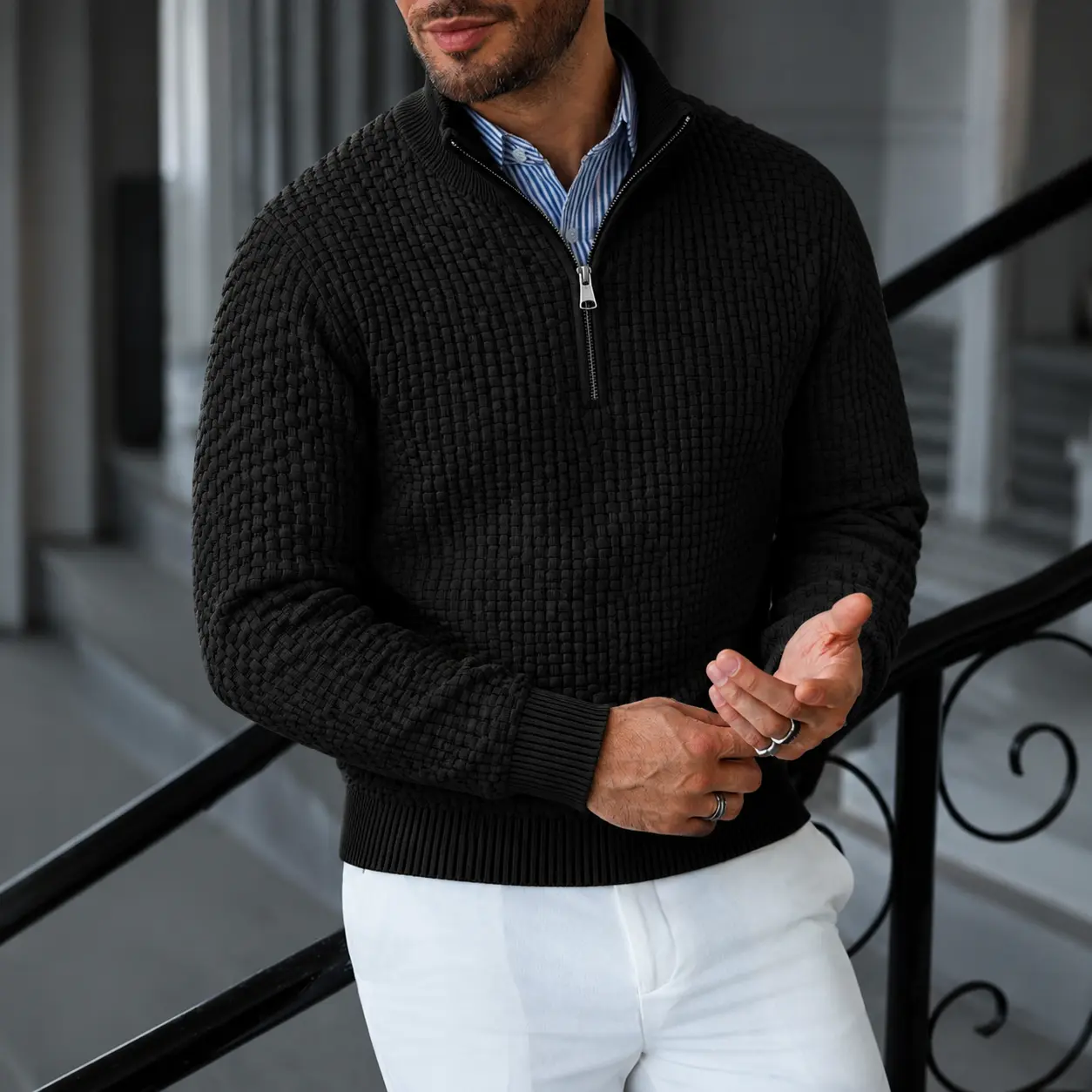 Men's Premium Waffle Knit Quarter Zip Sweater. Minimalist Solid Color Mock Neck Pullover. Versatile Fall Winter Layering Piece for Smart Casual, Office & Daily Wear. Elevated Old Money Aesthetic Textured Knitwear Top.