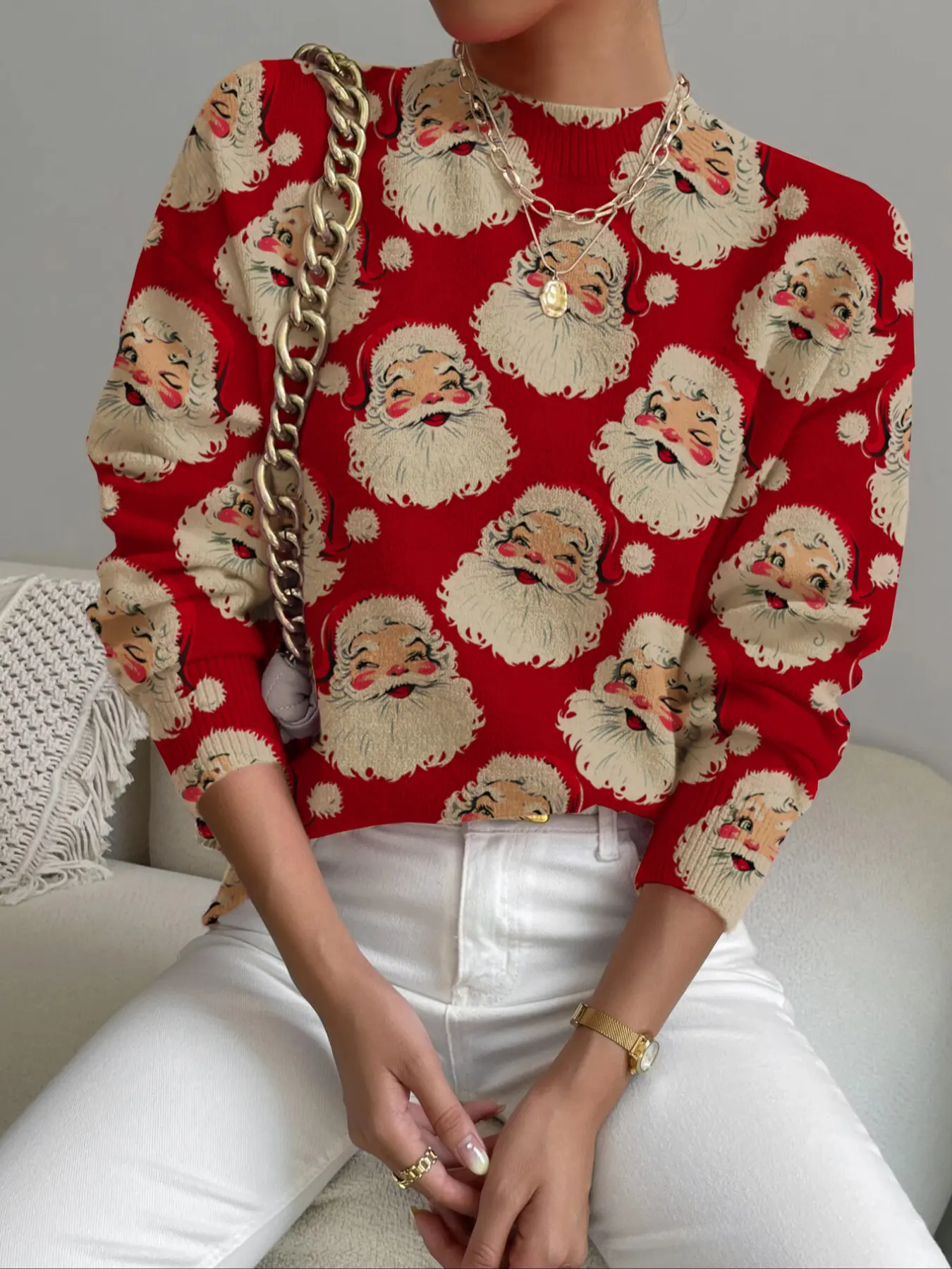 Women's Christmas Santa Print Stand Collar Knitted Sweater, Fall Winter Casual Long Sleeve Knitwear, Chic Comfortable Holiday Clothing, Womenswear