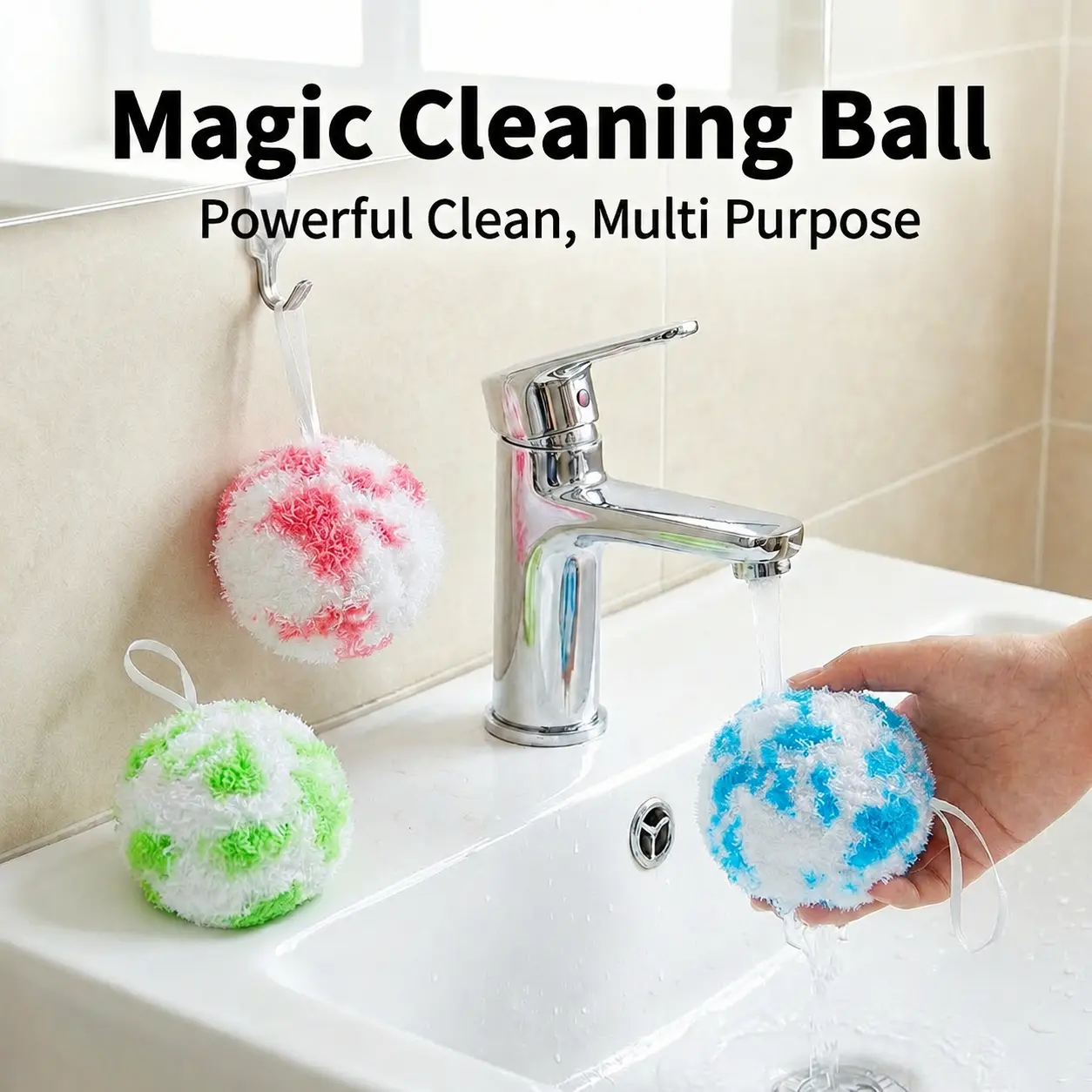 Magic Cleaning Balls 3PCS, No-Cleaner Multi-Purpose Scrubber, Wall-Mounted Bathroom Cleaning Kit for Sink, Bathtub, Vanity, Wash Basin & Faucet