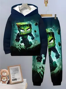 Boys' Fashion Plaid Long Sleeve Pullover Sweater Set, 3D Print Casual for Spring & Fall, Ages 5+, Outdoor Wear, Hoodies, Sweatshirts