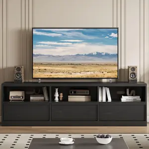 Garvee Mid Century Modern Entertainment Center for 65-75 Inch TVs, Industrial Style TV Stand with 3 Drawers and Open Shelves, Durable MDF Construction, Ideal for Living Room and Bedroom, Black Finish