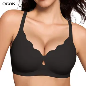OEAK Women Water Drop Hollow Scalloped Flowers V Neck Jelly Bralettes Breathable Seamless Bras Push Up Full Coverage Everyday Bra