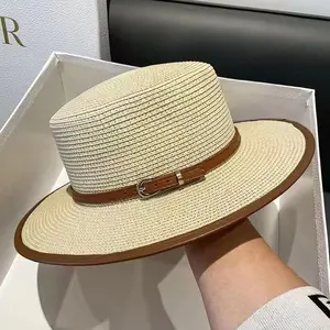 Straw Sun Hat for Women Summer with Belt Buckle Flat Top Flat Brim Sun Protection Breathable Lightweight For Beach Travel Outdoor Camping Vacation #SunHat #BeachHat #SummerHat #OutdoorHat