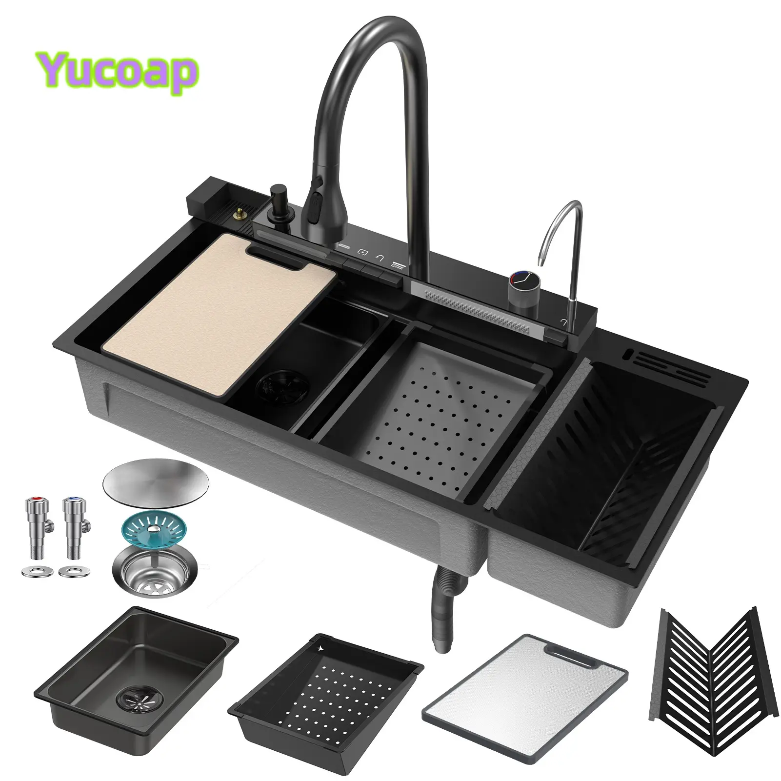 YUCOAP Black Waterfall Kitchen Sink, 16 Gauge Stainless Steel Single Bowl Workstation Sink, Drop-In Installation water