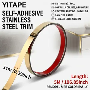 Yitape Self-Adhesive Stainless Steel Decorative Strip, Metal Texture Wall Line, Strong Back Adhesive, 5m Roll, for Walls and Ceilings, Interior Moulding Trim