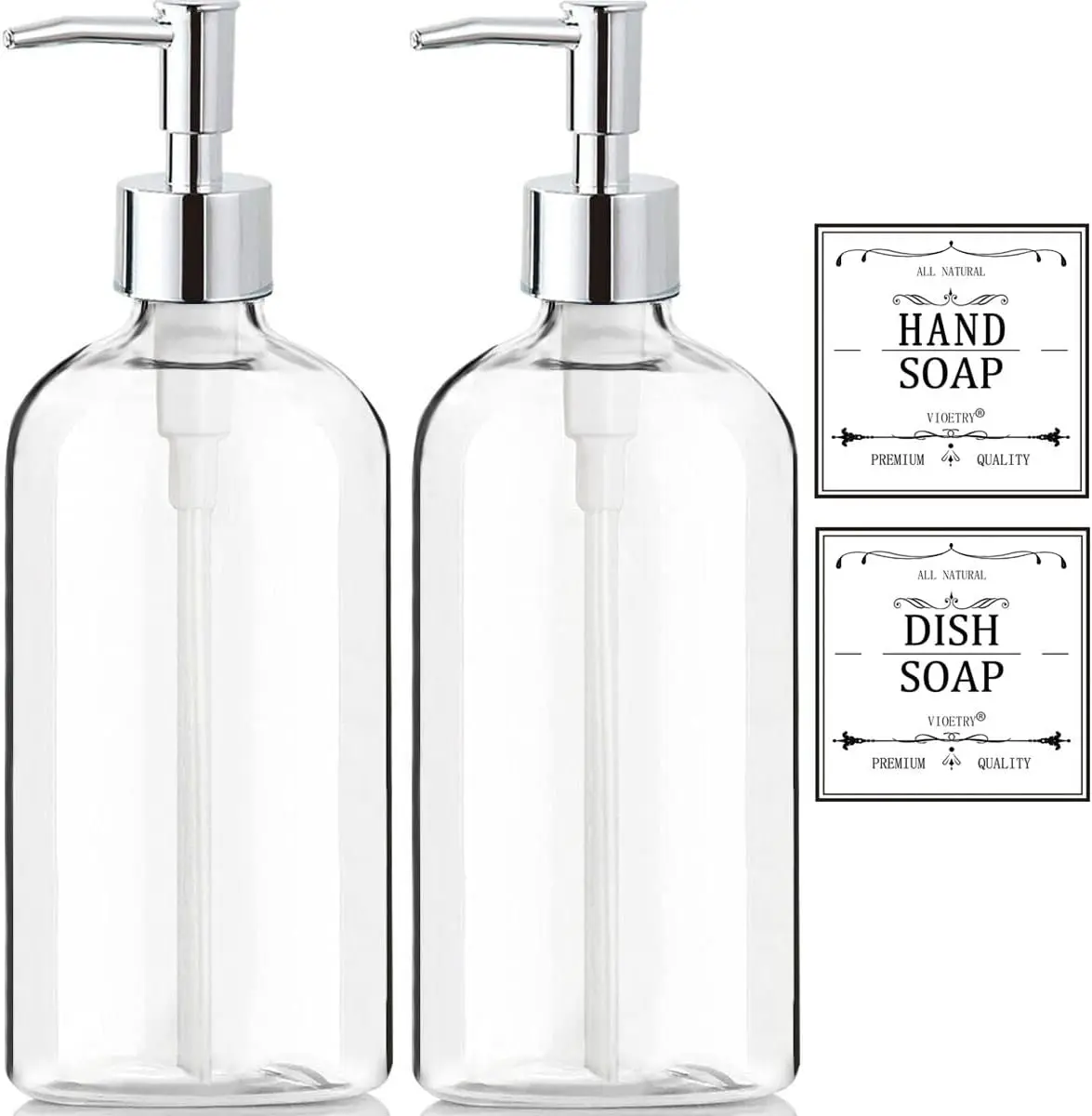 2 Pack Clear Soap Dispenser 16 Oz with Rust Proof Pump, Waterproof Labels, Plastic Hand Soap and Dish Soap Dispenser for Kitchen Bathroom, Refillable Liquid Soap Bottles for Home Sink Countertop Use