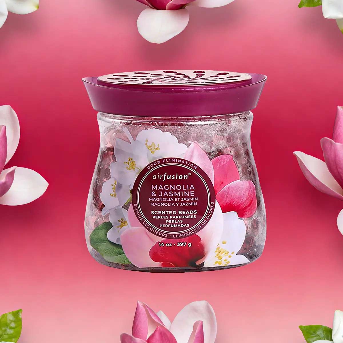 AIR FUSION Floral Fragrance Bathroom Odour Control Crystal Beads Air Freshener, 14 Oz Magnolia & Jasmine Aroma, 1 Pack, Easy-Use Open Lid Design, Long-Lasting Non-Aerosol, 0-500 ml Capacity