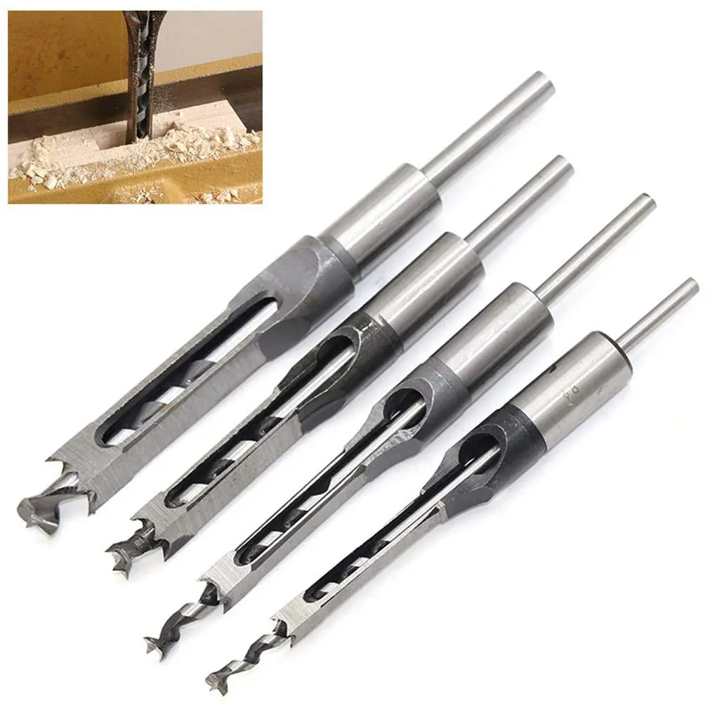 4 Pcs Square Hole Drill Bit, Round Shank Auger Bit for Woodworking