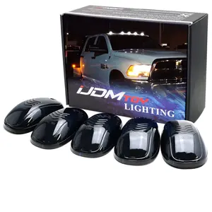 iJDMTOY 5pcs Smoked Lens Cab Roof Marker Lamps w/Xenon White Full Strip LED Lights For Chevy Dodge Ford GMC Heavy Duty or Super Duty Trucks