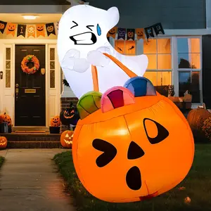 5FT Tall Halloween Inflatables Outdoor Decorations, Inflatable Cute Ghost Halloween Decor Outdoor, Blow Up Ghost Lift Pumpkin Candy Bag with Build-in LEDs for Yard Decorations Valentine's Day Gifts for Kids