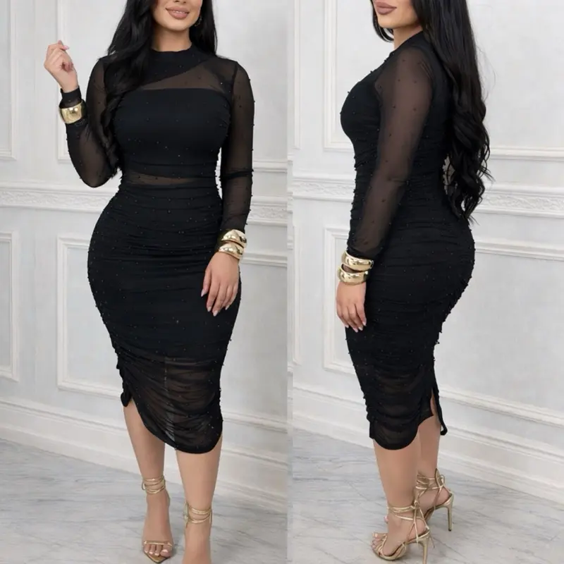 Women's G14-19 Bejeweled Pearl Casual Dress, Elegant Luxury Mesh Midi Dress with Pearl Beading, Comfortable Breathable Fit, Bejeweled Casual Dresses, Pearl Casual Dresses