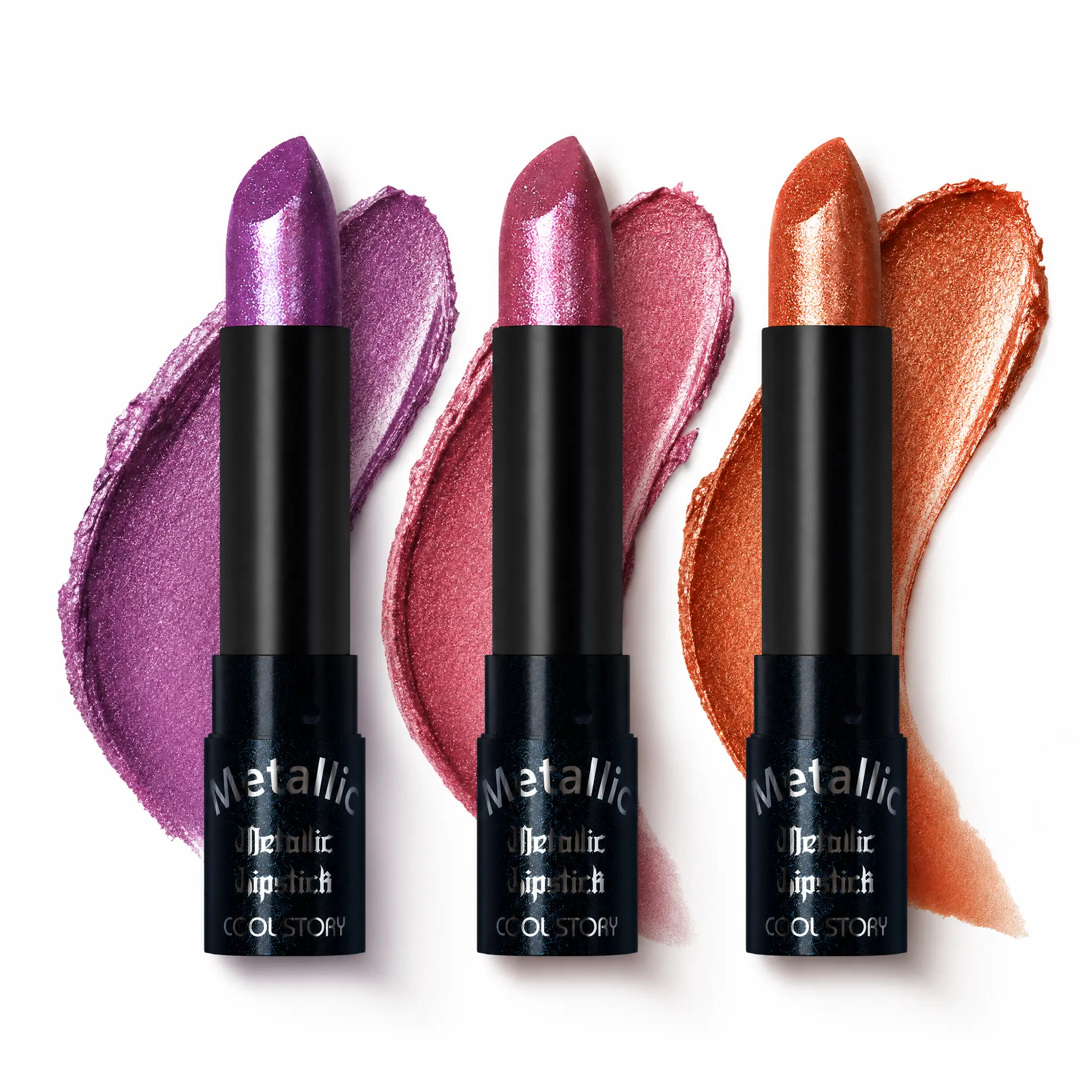 Cool Story Metallic Shimmer Lipstick Set - Long Lasting, High Pigment Lip Color with Bling Effect, Waterproof Formula for Flawless Glowing Makeup, Cosmetic, Halloween Makeup, Set A - Rose Gold Nude Shimmer Lipstick Set, After Dark