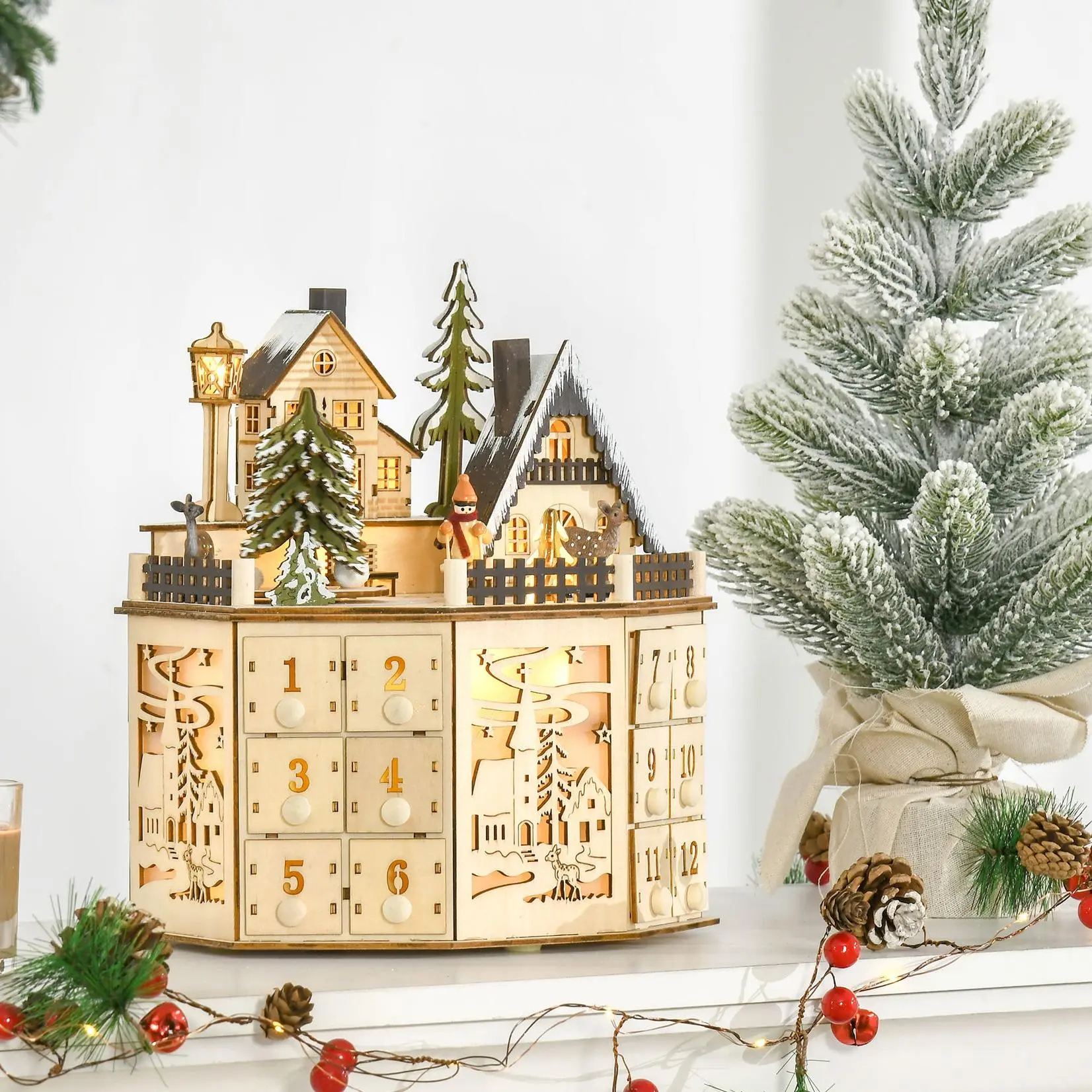HOMCOM Wooden Advent Calendar - Tabletop Miniature Decoration with Countdown Drawers, Skiing Village Design, Lights, Cozy Christmas Holiday Decor, Novelty Gift for Kids' Rooms, Event Setup Supply to Light Up Your Space