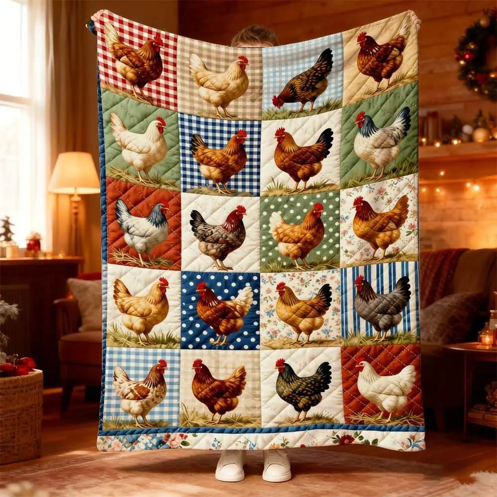 1pc Country Style Chicken Print Quilted Soft Throw Blanket, Printed Blankets for Cozy Naps and Relaxing Evenings, Perfect for Bedrooms, Sofas, and Camping Adventures, Rustic Colorful Patchwork Design Warmth and Comfort, Blanket for Home Decor
