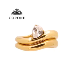 CORONÉ Classic Ring Set of Two Teardrop CZ and Polished Band for Women Stainless Steel Hypoallergenic Tarnish-Free Waterproof