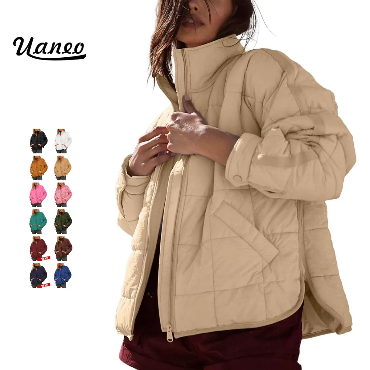UANEO Women's Quilted Puffer Jackets Lightweight Zipper Short Padded Coat With Pockets TikTokShopBlackFriday Long Sleeve