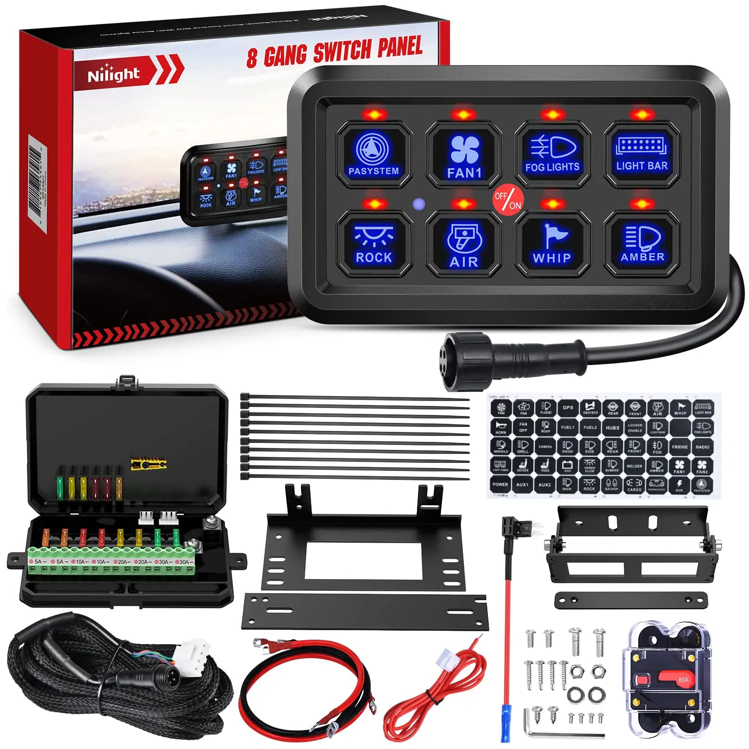 Nilight Automatic 8-Gang Switch Panel for Car Lighting Accessories, 12V-24V DC 1200W Multi-Control Kit with Compact Box, Relay, Circuit Breaker, Blade Fuses, Dimmable Backlight, 50 Reusable Labels, 50 Switch Stickers for Center Console, Campers