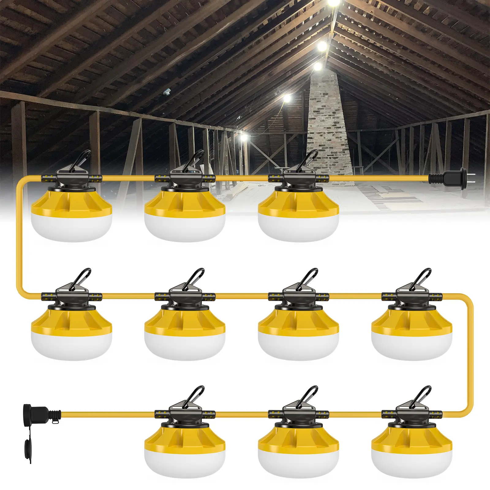 HYPERLITE Super Bright LED Outdoor Waterproof Work String Lights - 50FT/100FT, 5/10 Bulbs, Climbing Snap Hooks, IP65 Rating, 110-120V Linkable Sets, for Workshop, Attic, Construction, BackToSchool