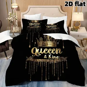 2D Flat 3Pcs Black Golden Crown "Queen & King" Decorative Duvet Cover, Stylish Bedding Collection with Sparkle Glitter Effect, Soft Microfiber for Master Bedroom, Guest Room Decor, No Comforter