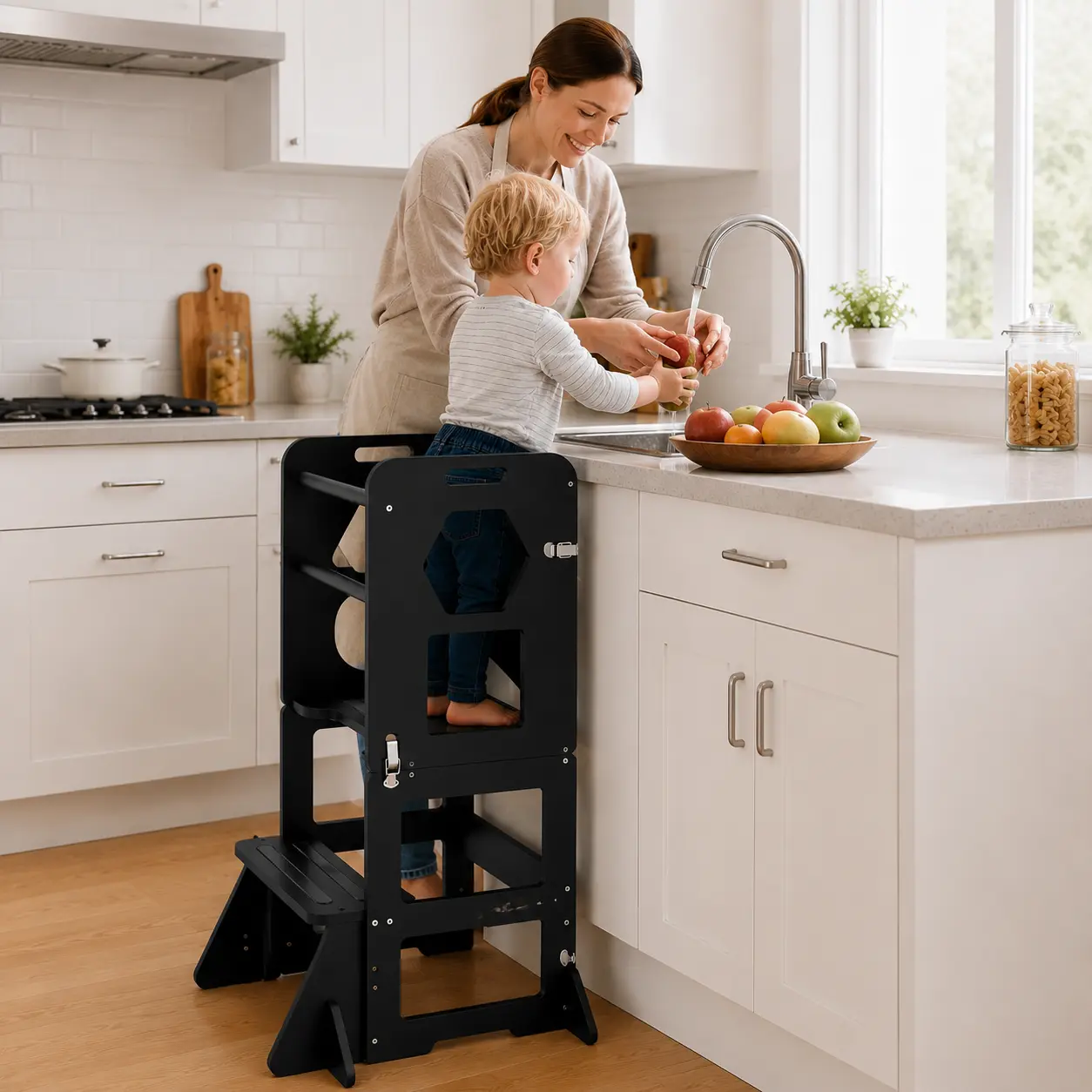 WOODURE 4-in-1 Toddler Kitchen Step Stool - Foldable Learning Tower with Blackboard, Folding Step Stools for 1-3 Age Kids, MDF Children's Furniture with Toddler Table and Chair Set Compatibility, Ideal Gifts (Summervibes Summer Sale Deals)