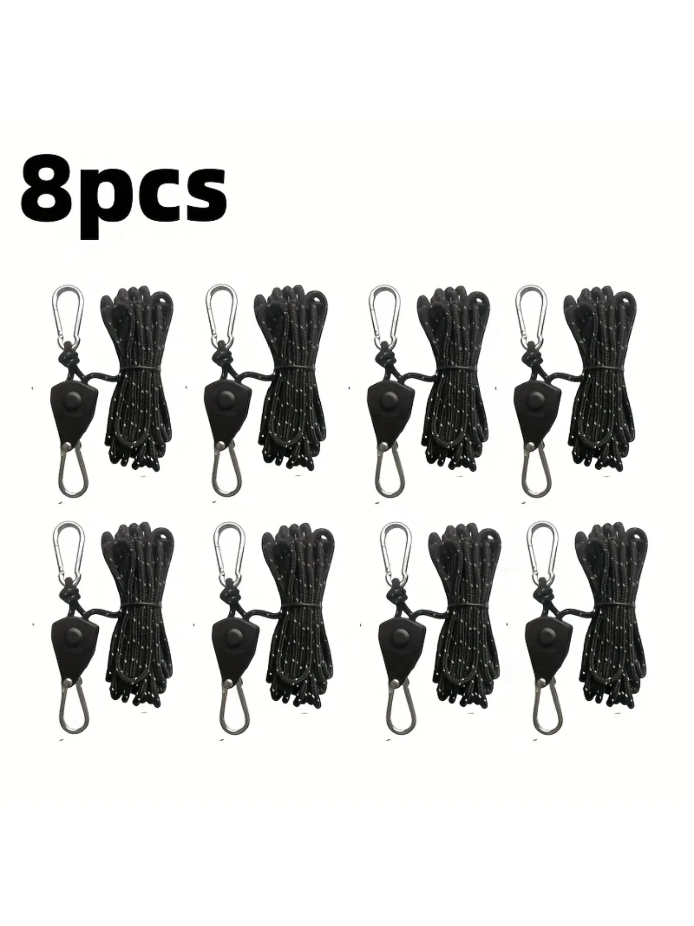 8 windproof camping tent ropes for fixation - including fasteners, buckles and pulley ratchet hooks for the fixation of the awning