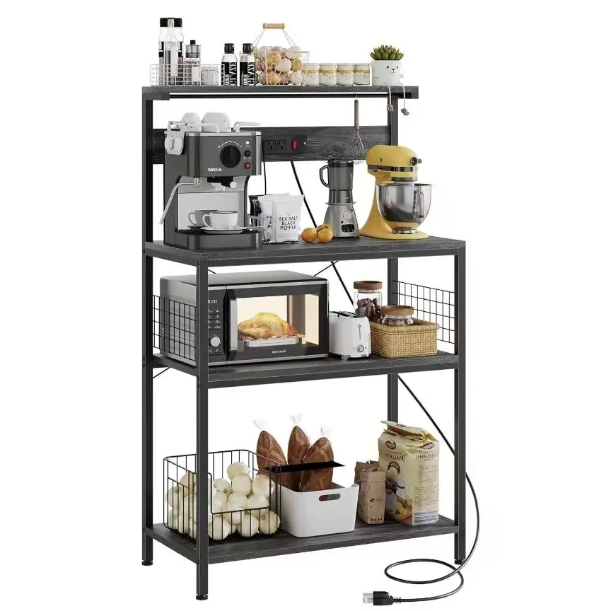 Kitchen Baker’s Rack with Power Outlet, 4-Tier Coffee Bar Station with 3 Built-in Outlets & Switch, Microwave Stand with Adjustable Removable Shelf, Freestanding Appliance Organizer, Rustic Wood & Black Steel - 31.5 Inch