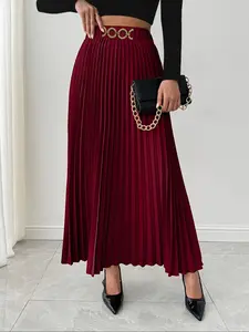 Elegant Women's High-Waist Pleated Skirt with Metal Chain Decoration, Plain Color Simple Design, Perfect for Daily Wear & Special Occasions