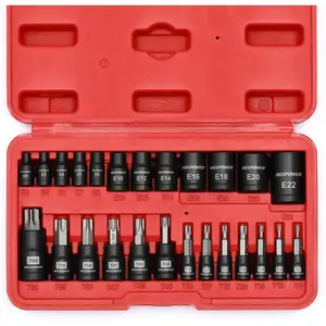 25 Piece Torx Bit and Socket Set, 13 Star Bits (T8- T60) & 12 E-Torx Sockets (E4-E22), Professional Grade Auto & Motorcycle Mechanic Set