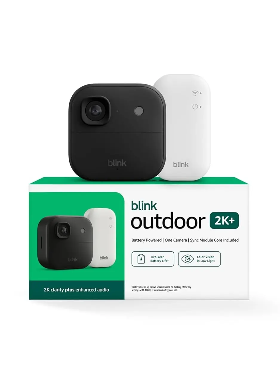 Blink Outdoor 2K+ (newest model) — Wireless smart security camera, 2K video resolution, enhanced audio, two-year battery. Sync Module Core included — 1 camera system (Black)