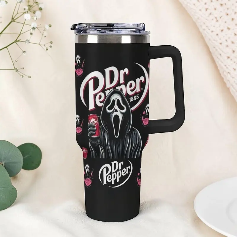 Spooky Masked Horror 40oz Tumbler, Black Insulated Stainless Steel Travel Mug with Handle & Straw, Soda Inspired Halloween Cup, Horror Lover Gift