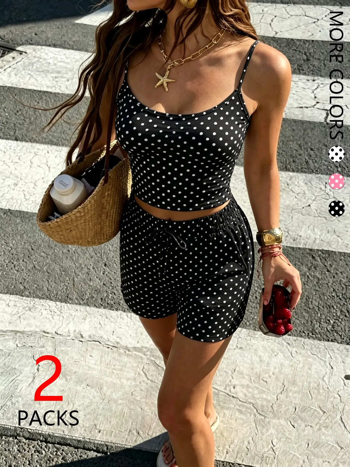 2 Pack Women's Polka Dot Cami Top & Shorts Set, Strawberry Milkshake Style Casual Lingerie Outfit, Slim Fit Shapewear with Drop Waist Design, Summer Coachella Outfits, Y2K Streetwear Two Piece for Daily Wear