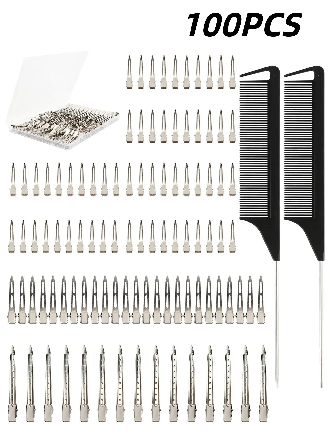 100 Pcs Silver Color Metal Alligator Clips, 3 Sizes Curling Clips, Hair Clips for Curls, Hair Styling Tools, DIY Accessories, Two Combs for Braids & Styling