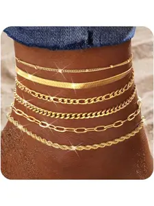 6PCS Ankle Bracelets for Women Waterproof-14K Gold Plated Anklets for Women Non Tarnish Hypoallergenic Stainless Steel Cuban Link Chain Anklet Set Bracelets Stacking Layered Stackable Bracelet Beach Jewelry Gift Adjustable