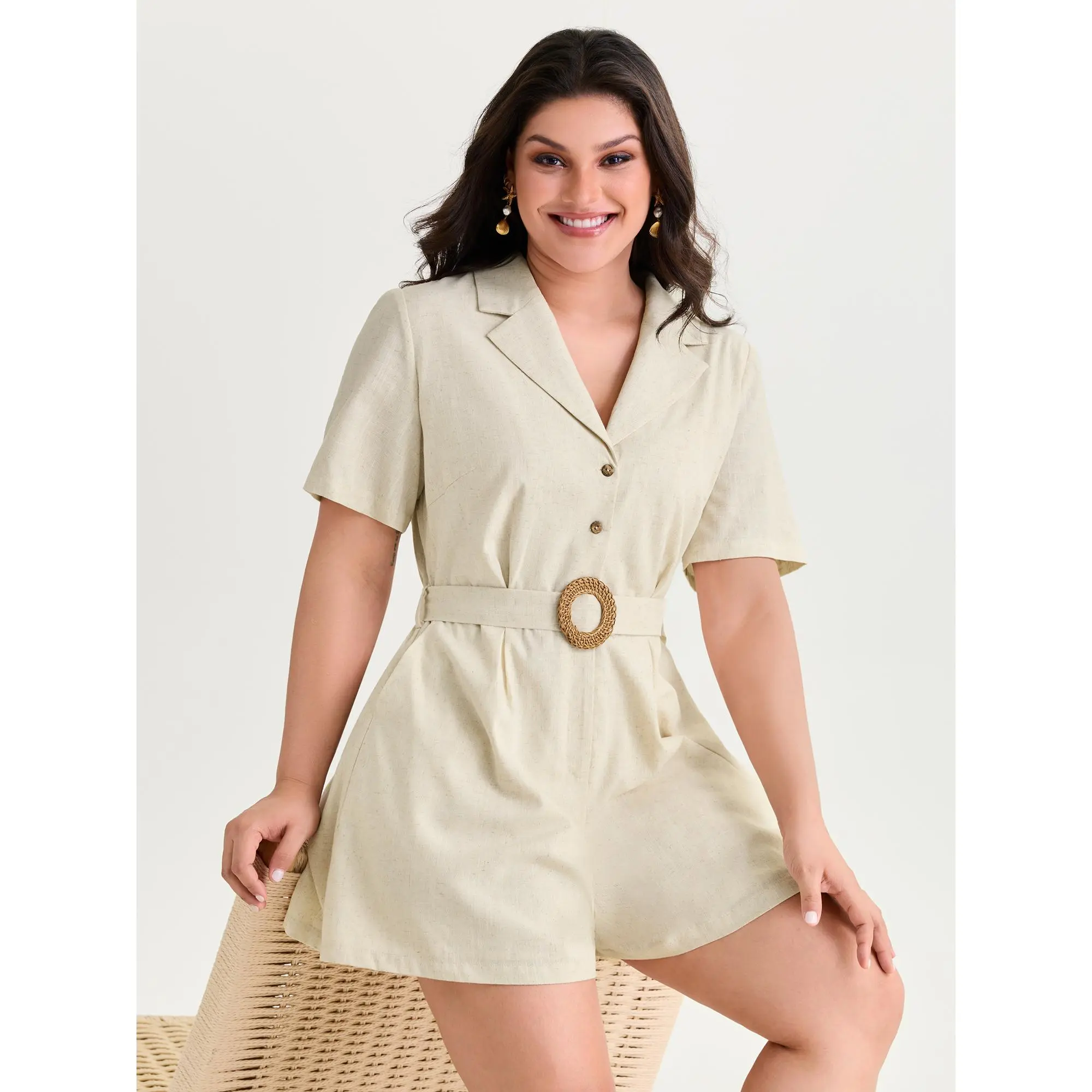 BloomChic Women's Plus Size (M-6X) Cotton-Linen Blend Romper - Button Front, Belted Short Sleeve Garment, Side Pocket, Easy "Throw On and Go" Outfit, Minimalist Solid, Breathable, Comfy Resort Wear, Hand Wash Only